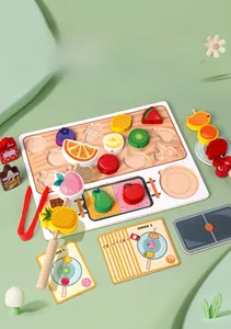 Wooden fruit puzzle set with sorting cards, beads, and tweezers for motor skills