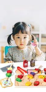 Toddler sorting toy set with wooden fruit blocks for fine motor skills and early learning