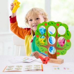 Houten logisch puzzelspel voor kinderen met kleurrijke vogels en uitdagingskaarten