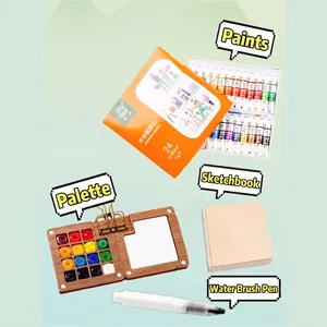 Set acquerello portatile 24 colori con tavolozza in legno e mini taccuino da disegno