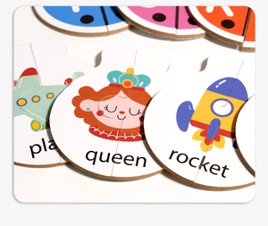 Detailed close-up of alphabet matching puzzle pieces featuring aircraft and rocket icons