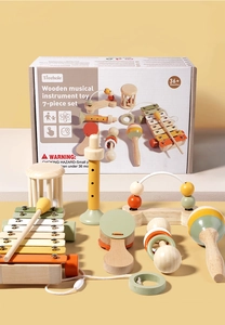 7-piece wooden Montessori musical instrument set for infant sensory and grip training