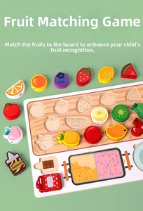 Detailed top view of wooden fruit matching puzzle for kids fine motor skills training