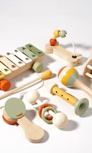 Macro detail of natural wooden musical instruments set with Morandi color finish