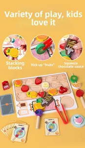 Detail view of wooden base board and colorful fruit blocks for sorting and fine motor skills