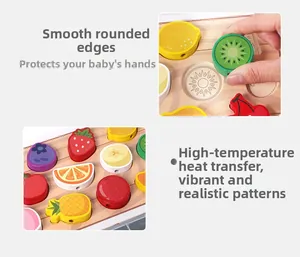 Detail view of smooth wooden fruit puzzle with rounded edges for baby hand safety