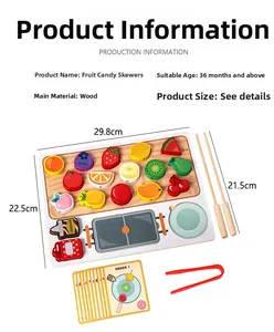 Detailed view of wooden fruit skewer toy with beads, tweezers and task cards for kids