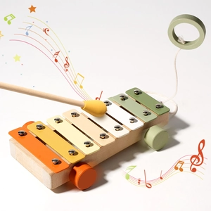 Wooden xylophone pull toy with eight colorful metal keys and mallet for baby music training
