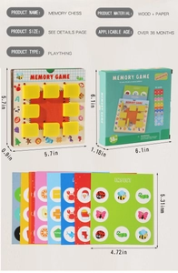 Dettaglio del gioco di memoria in legno con carte a tema e dimensioni del prodotto