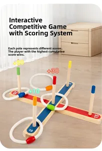 Detail of wooden ring toss game with score markings and colorful peg posts for kids