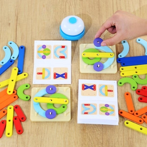 Wooden geometric shapes puzzle set with pegboard and game bell for creative kid learning