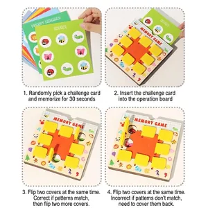 Jeu de mémoire en bois pour enfants avec cartes thématiques et couvercles à rabat jaunes