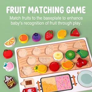 Wooden fruit puzzle toy for toddlers featuring colorful slides and rainbow board designs