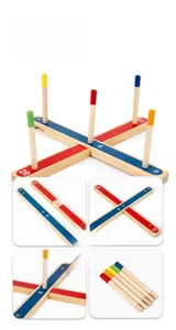 Detailed guide showing assembly of wooden ring toss game with colorful scoring pegs