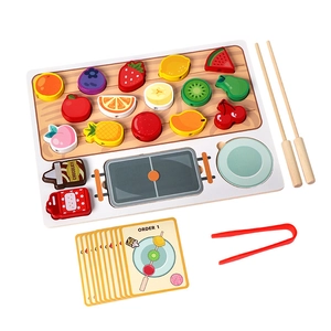 Wooden Montessori fruit skewer toy set with order cards for fine motor skills training
