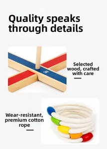 Detail of wooden ring toss game featuring natural base and colorful cotton rope rings