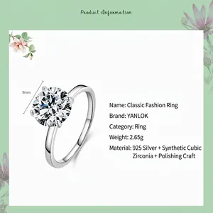 Classic 925 sterling silver ring with 9mm six-prong cubic zirconia solitaire