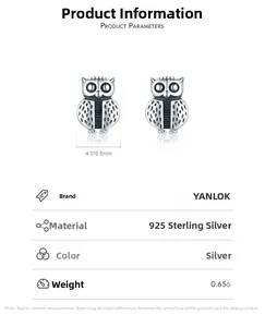 Detailed view of silver owl studs showing 4.5x6.5mm dimensions on S925 sterling silver