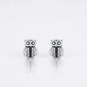 925 Sterling Silver Owl Stud Earrings For Women Cute Mini Animal Zirconia Inlaid Retro Oxidized Silver Earrings Jewelry Gift