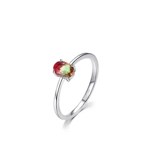 Minimalist S925 sterling silver ring featuring an oval gradient watermelon tourmaline stone