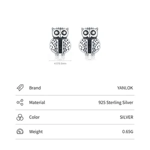 Cute S925 sterling silver owl stud earrings with vintage texture, size 4.5x6.5mm