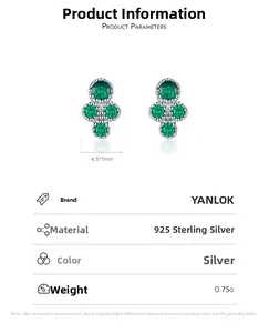 Détail macro des boucles d'oreilles trèfle en argent S925 et émeraude avec dimensions