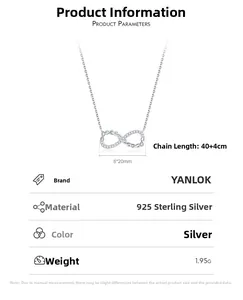 Detailed specs of S925 sterling silver infinity necklace with 8x20mm pendant dimensions