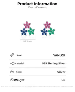 Detailed specs of S925 sterling silver star earrings with pink blue and green crystals