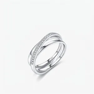 925 Sterling Silver Crossed Line Ring For Women Shiny Zirconia Inlaid Minimalist INS Style Fashion Finger Jewelry Gift