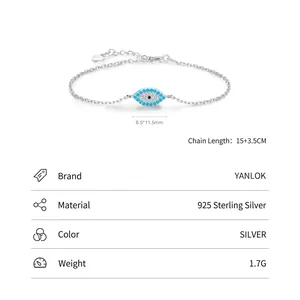 S925 sterling silver evil eye bracelet with turquoise zirconia and adjustable chain