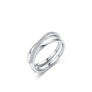 Minimalist S925 sterling silver triple-layered interlocking ring with pavé-set stones