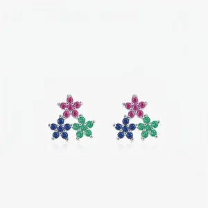 S925 Sterling Silver Floral Stud Earrings For Women Multicolor Zirconia Inlaid Sweet Dopamine Style Flower Earrings Jewelry Gift