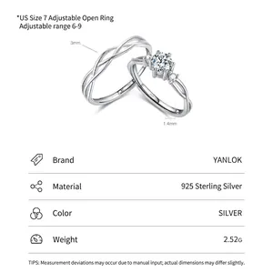 Adjustable S925 sterling silver Mobius rings with diamond accents and dimensions