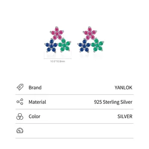 S925 sterling silver flower stud earrings with pink blue green zircon stones