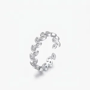 925 Sterling Silver Leaf Adjustable Open Ring Zirconia Inlaid Minimalist Forest Style Finger Ring For Women Elegant Jewelry