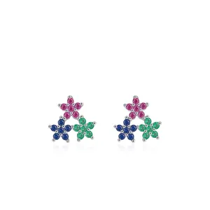 S925 sterling silver flower earrings with pink blue green star-shaped crystals