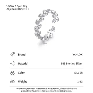 Adjustable S925 sterling silver leaf ring with sparkling crystals for women