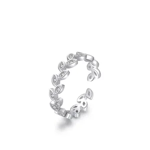 S925 sterling silver laurel leaf open ring with cubic zirconia on white background
