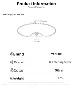 Diagramma dettagliato del bracciale cuore argento s925 con lunghezza catena 15,5+3,5cm