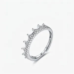 925 Sterling Silver Crown Open Ring For Women Elegant Zirconia Inlaid Adjustable Finger Ring Luxury Fashion Jewelry Gift
