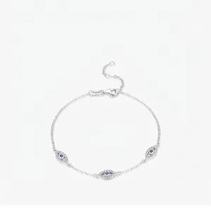 Bracelet Œil du Diable en Argent Sterling 925 pour Femme Elégant Zirconia Bleu Incrusté Chaîne Réglable Bijoux de Mode