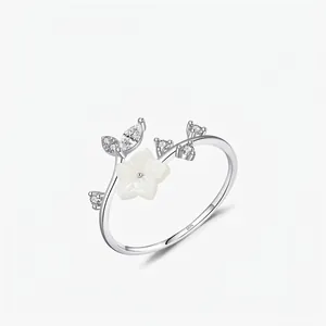 Bague Ouverte en Argent Sterling 925 Forme Camélia Avec Nacre Et Zirconium Étincelant Bijoux Floraux Délicats Pour Femmes
