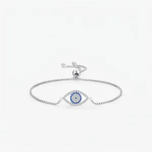 925 Sterling Silver Evil Eye Adjustable Bracelet For Women Blue Zirconia Inlaid Box Chain Vintage Ethnic Jewelry Gift