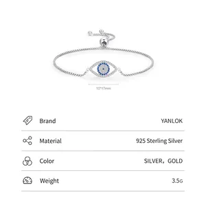 S925 sterling silver evil eye bracelet with blue and white crystals for women