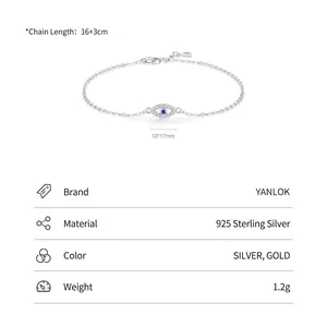 S925 sterling silver Evil Eye bracelet with blue crystal and white cubic zirconia