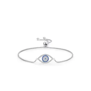 S925 sterling silver evil eye bracelet with blue zirconia stones and box chain