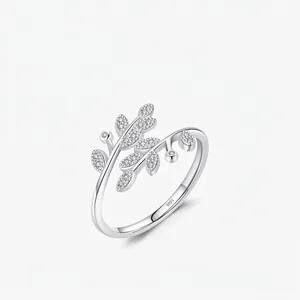 925 Sterling Silver Leaf Open Ring For Women Adjustable Branch Zirconia Inlaid Finger Ring Minimalist Fashion Jewelry Gift
