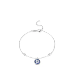 S925 sterling silver evil eye bracelet with blue stones and lobster clasp on white background