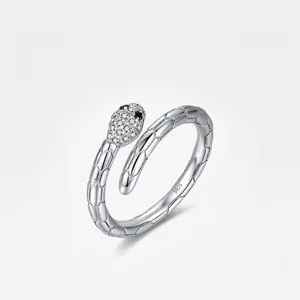 S925 Sterling Silver Snake Ring For Women Adjustable Open Ring Zirconia Inlaid Snake Skin Texture Trendy Jewelry