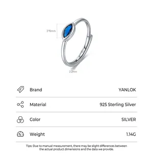 Adjustable S925 sterling silver evil eye ring with blue marquise zircon and dimensions